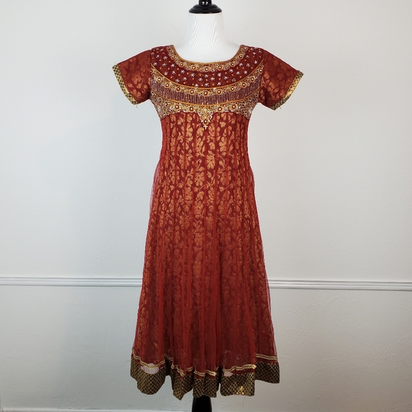 Riva Dresses & Skirts - Traditional Indian Dress Pakistani Beaded Floral Embellished Metallic Burnt Red